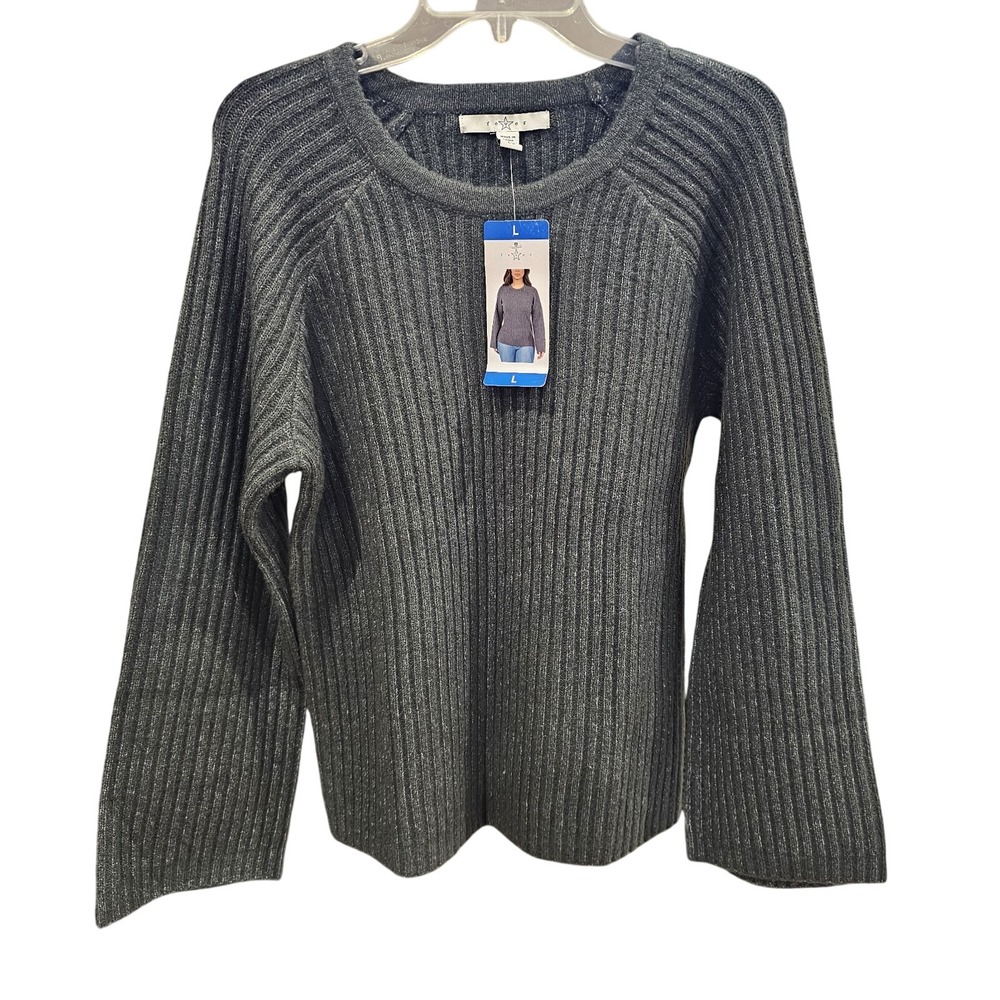 Fever Gray Ribbed Womens Wide Sleeve Sweater Large NWT